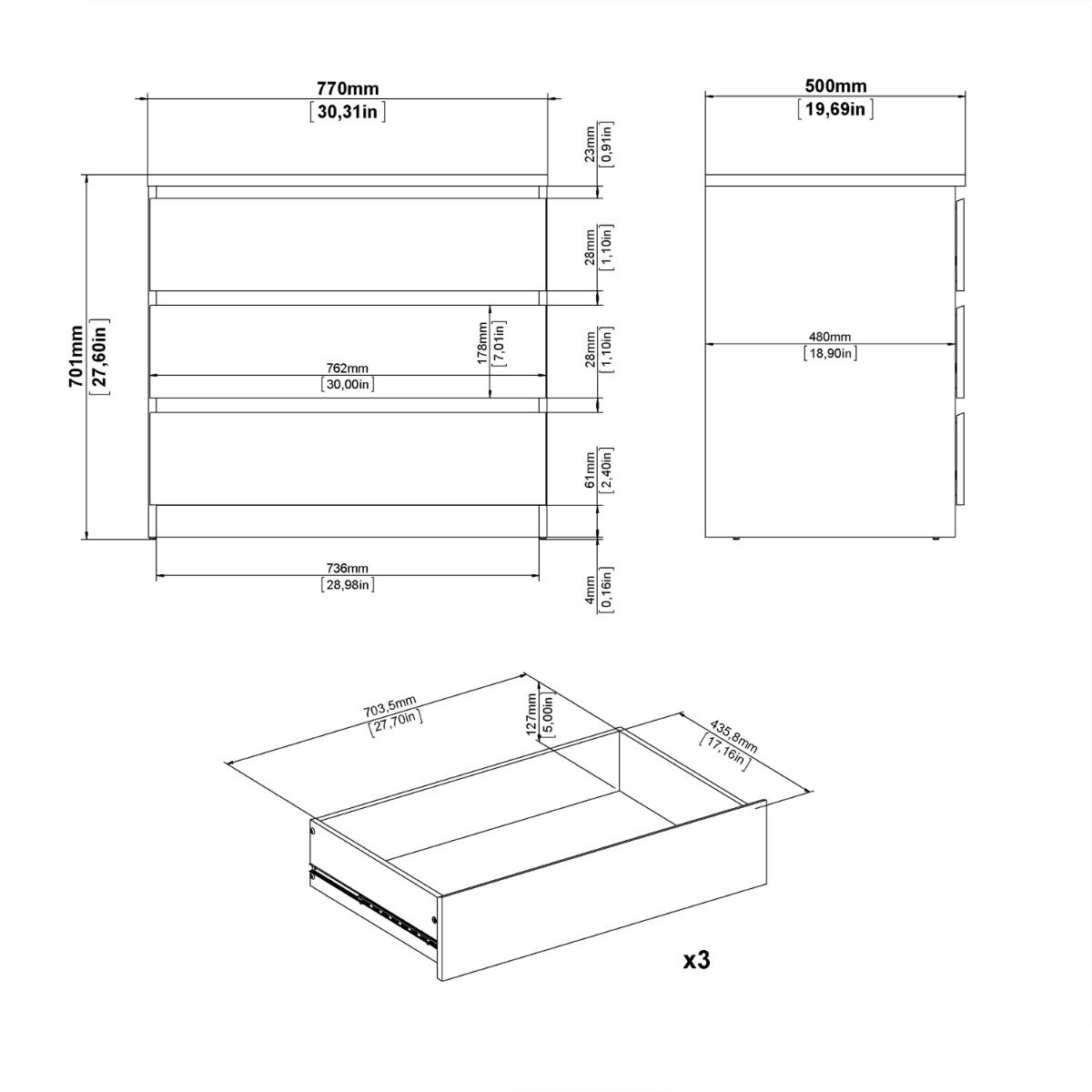 Naia Bedroom 3 Drawer Chest Of Drawers In White - Price Crash Furniture