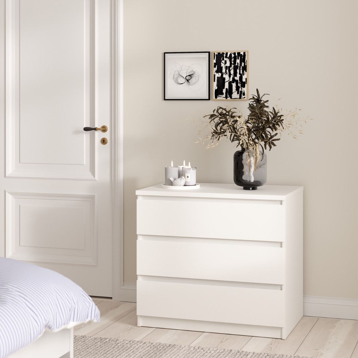 Naia Bedroom 3 Drawer Chest Of Drawers In White - Price Crash Furniture