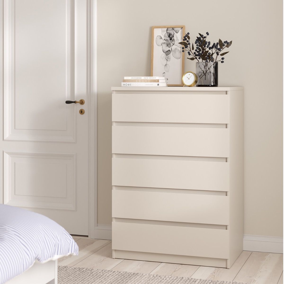 Naia Bedroom 5 Drawer Chest Of Drawers In Cashmere - Price Crash Furniture