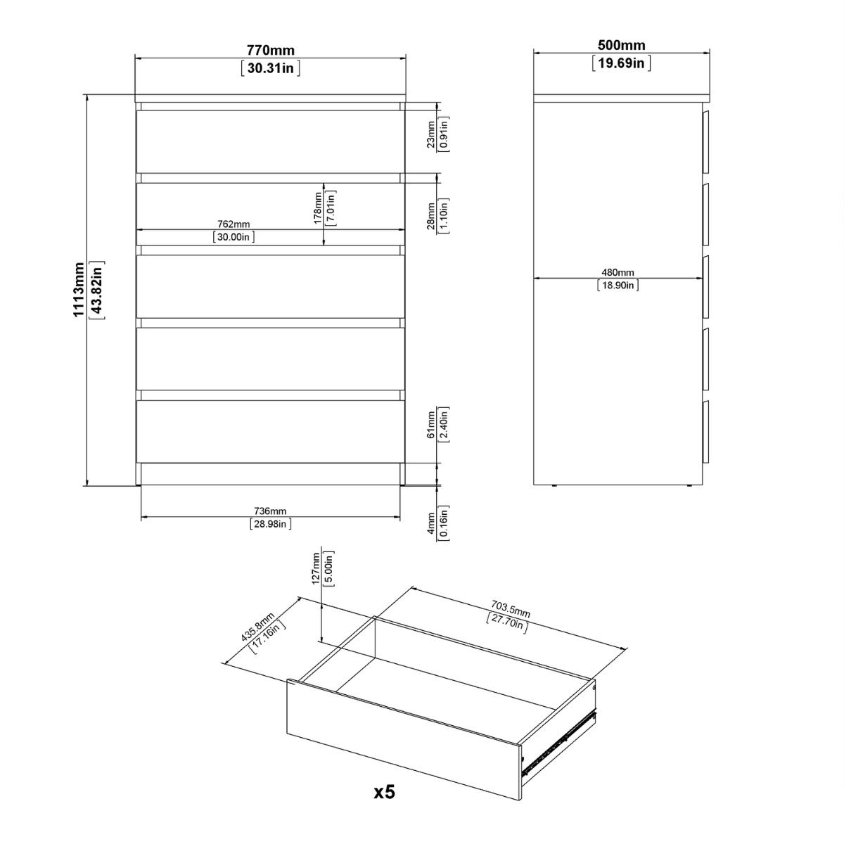 Naia Bedroom 5 Drawer Chest Of Drawers In Cashmere - Price Crash Furniture