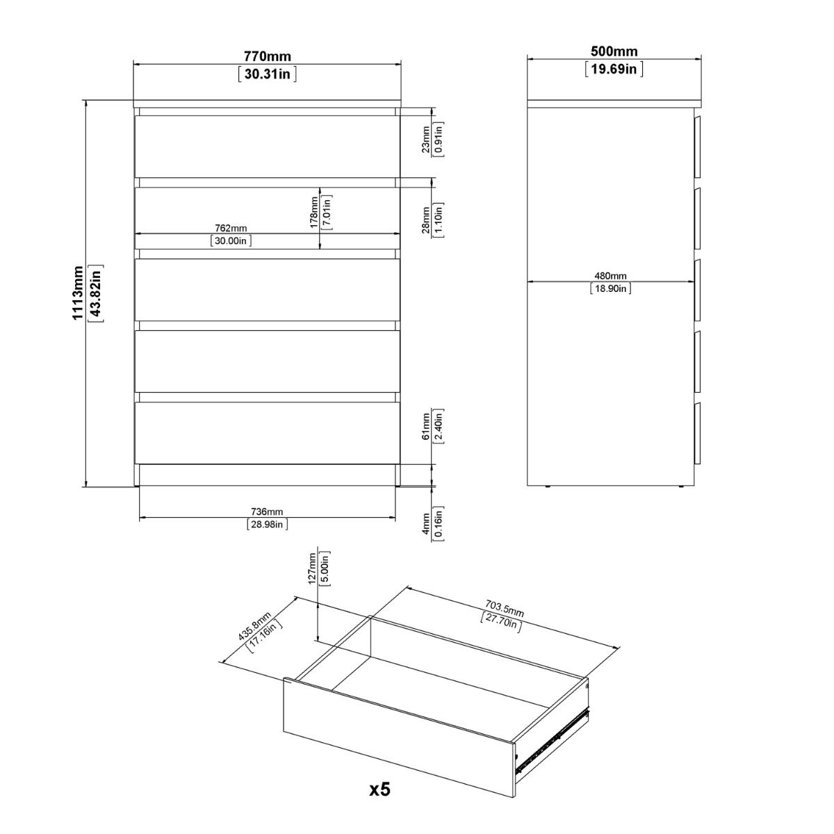 Naia Bedroom 5 Drawer Chest Of Drawers In White - Price Crash Furniture
