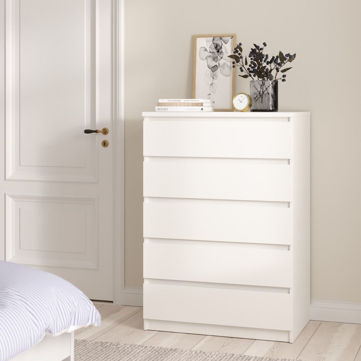 Naia Bedroom 5 Drawer Chest Of Drawers In White - Price Crash Furniture