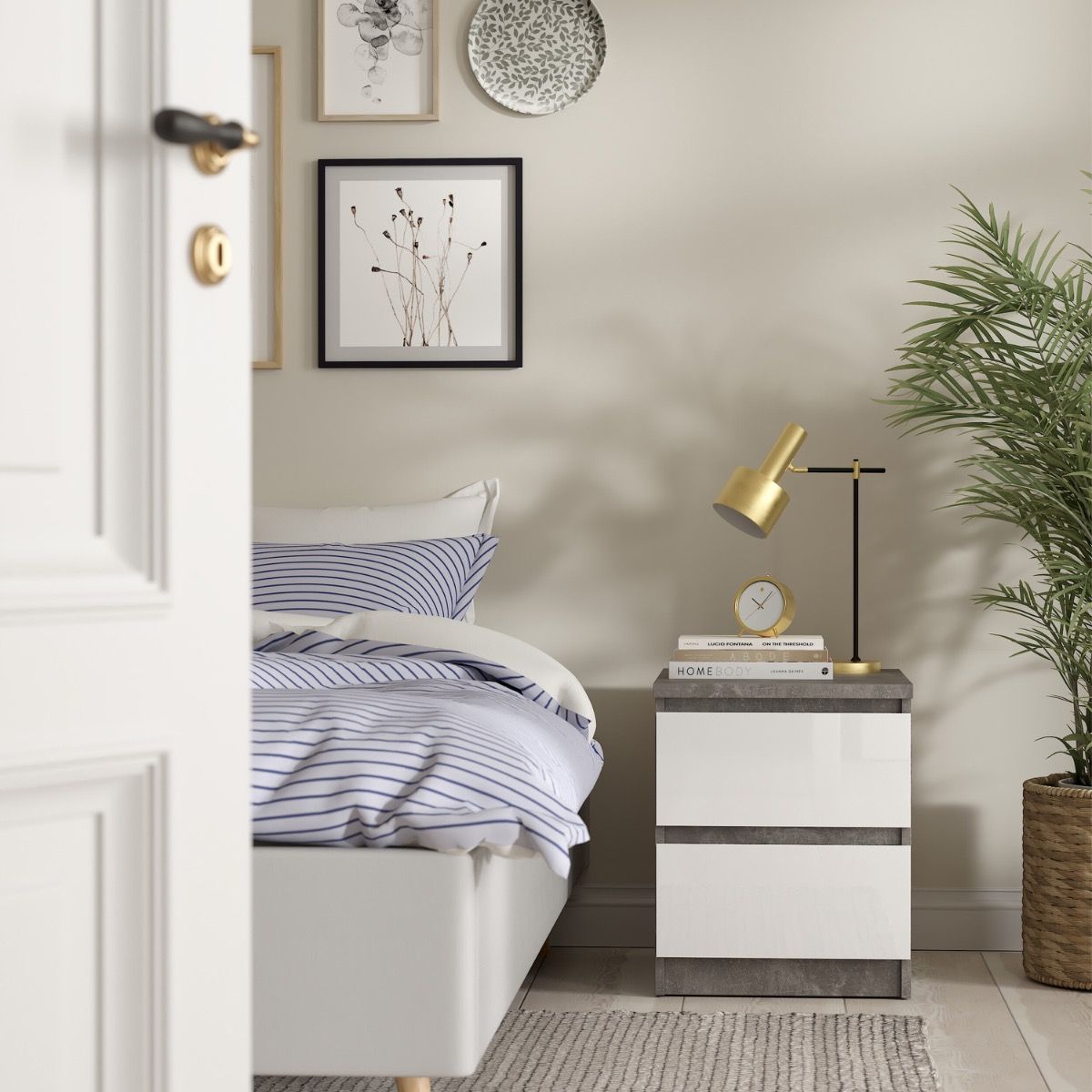 Naia Bedside 2 Drawers In Concrete/White High Gloss - Price Crash Furniture