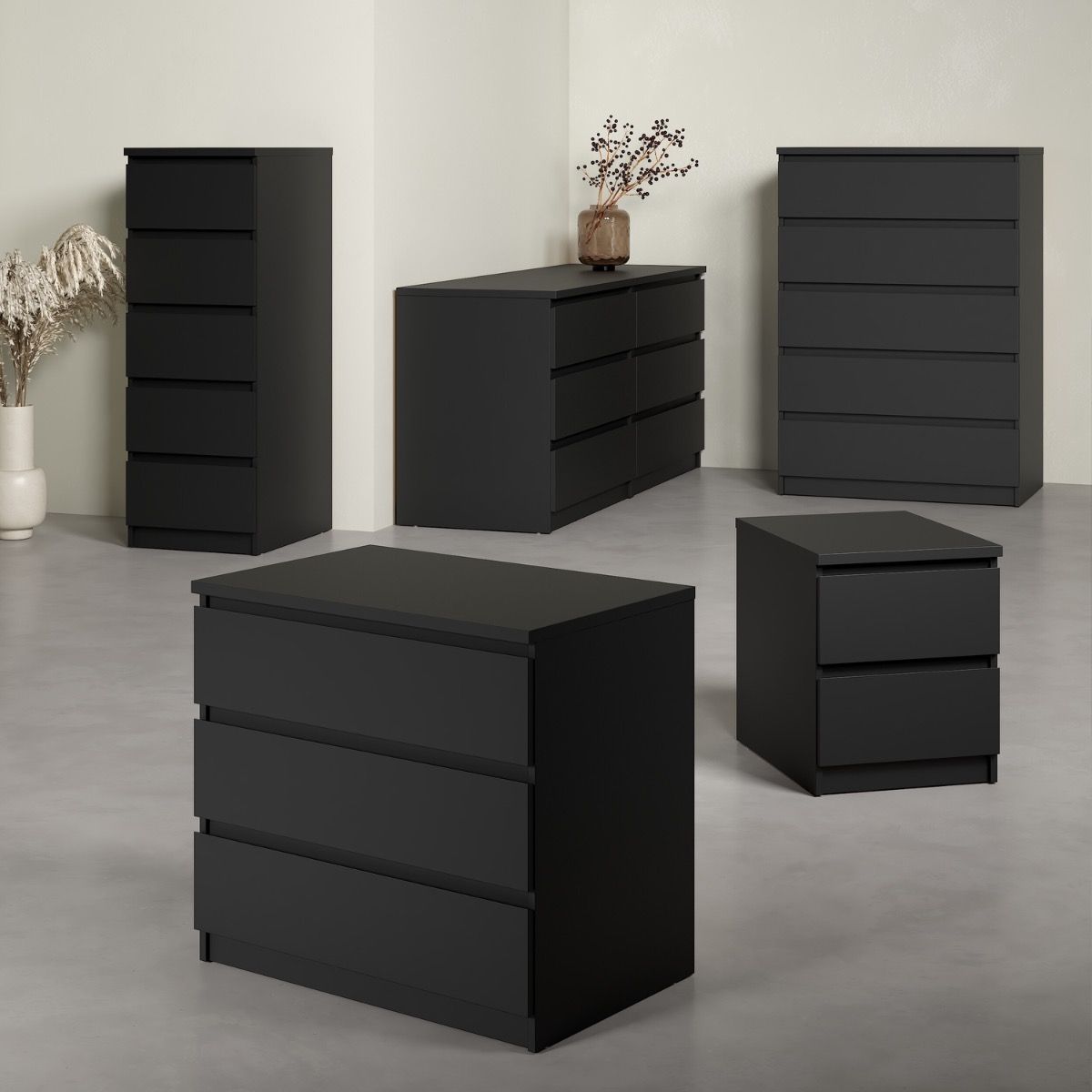 Naia Bedside Cabinet - 2 Drawers In Matt Black - Price Crash Furniture