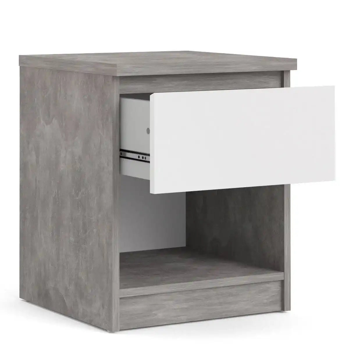 Naia Bedside Table 1 Drawer 1 Shelf in Concrete Grey and White High Gloss - Price Crash Furniture