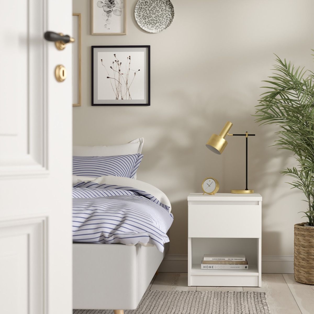 Naia Bedside Table 1 Drawer 1 Shelf In White - Price Crash Furniture