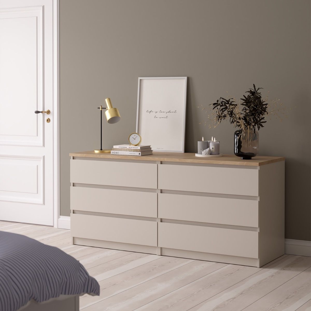 Naia Large Wide 6 Drawer Chest Of Drawers (3+3) In Cashmere & Jackson Hickory Oak - Price Crash Furniture