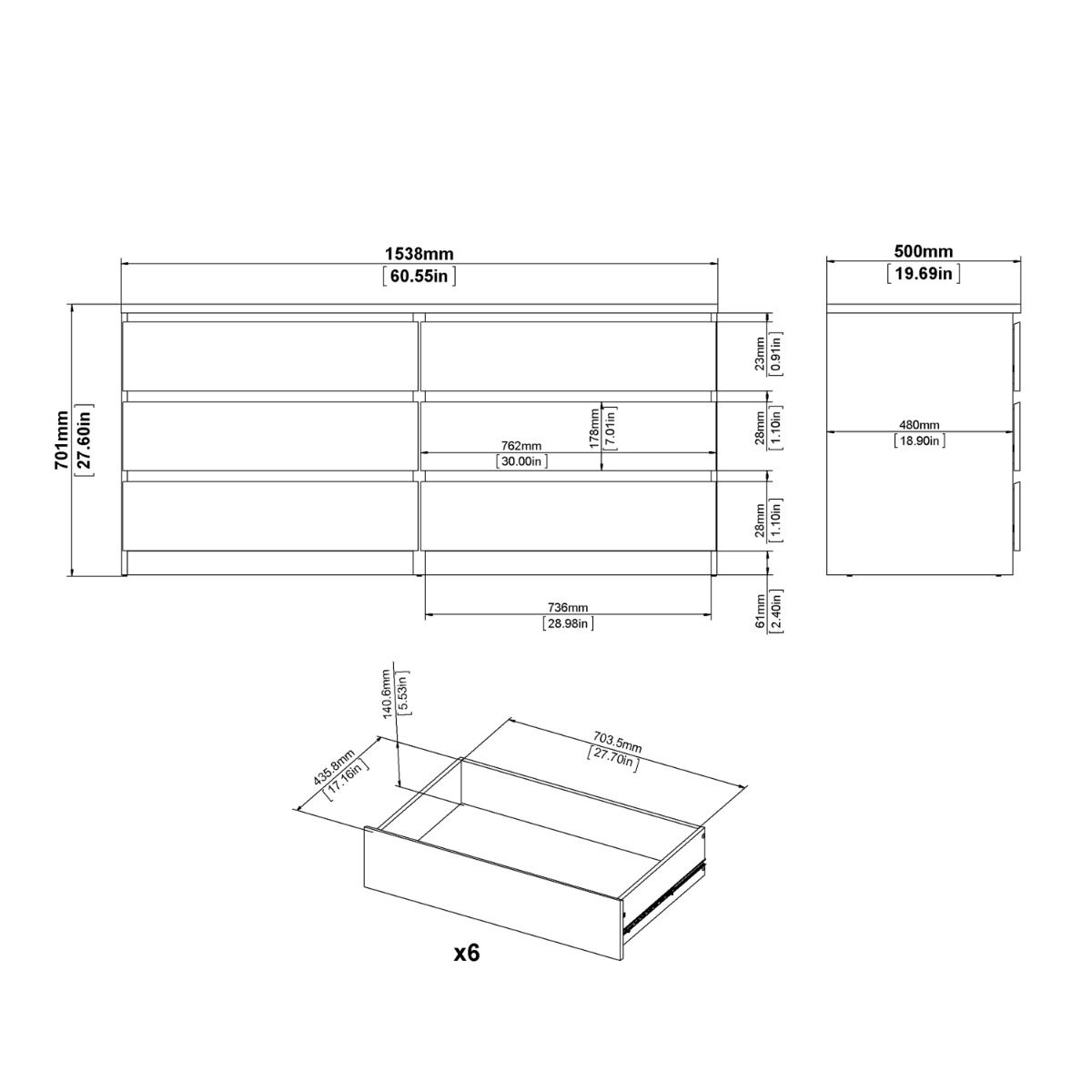 Naia Large Wide 6 Drawer Chest Of Drawers (3+3) In White - Price Crash Furniture