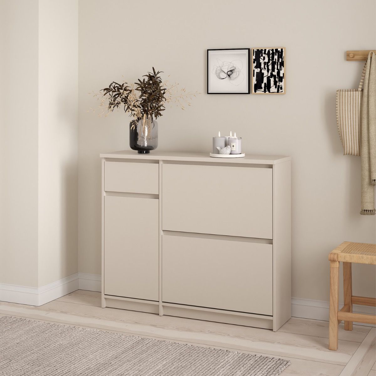 Naia Shoe Cabinet 2 Tilting Doors 1 Door + 1 Drawer In Cashmere - Price Crash Furniture