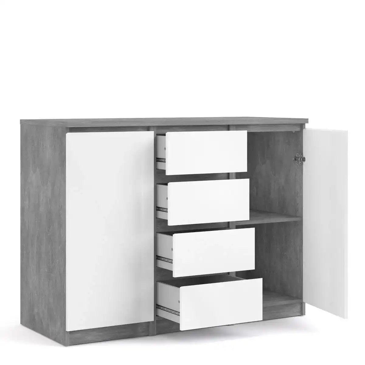 Naia Sideboard 4 Drawers 2 Doors in Concrete Grey and White High Gloss - Price Crash Furniture