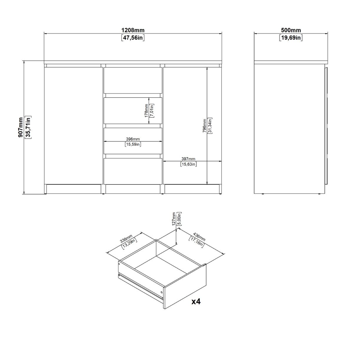 Naia Sideboard Buffet Unit 4 Drawers 2 Doors In White - Price Crash Furniture