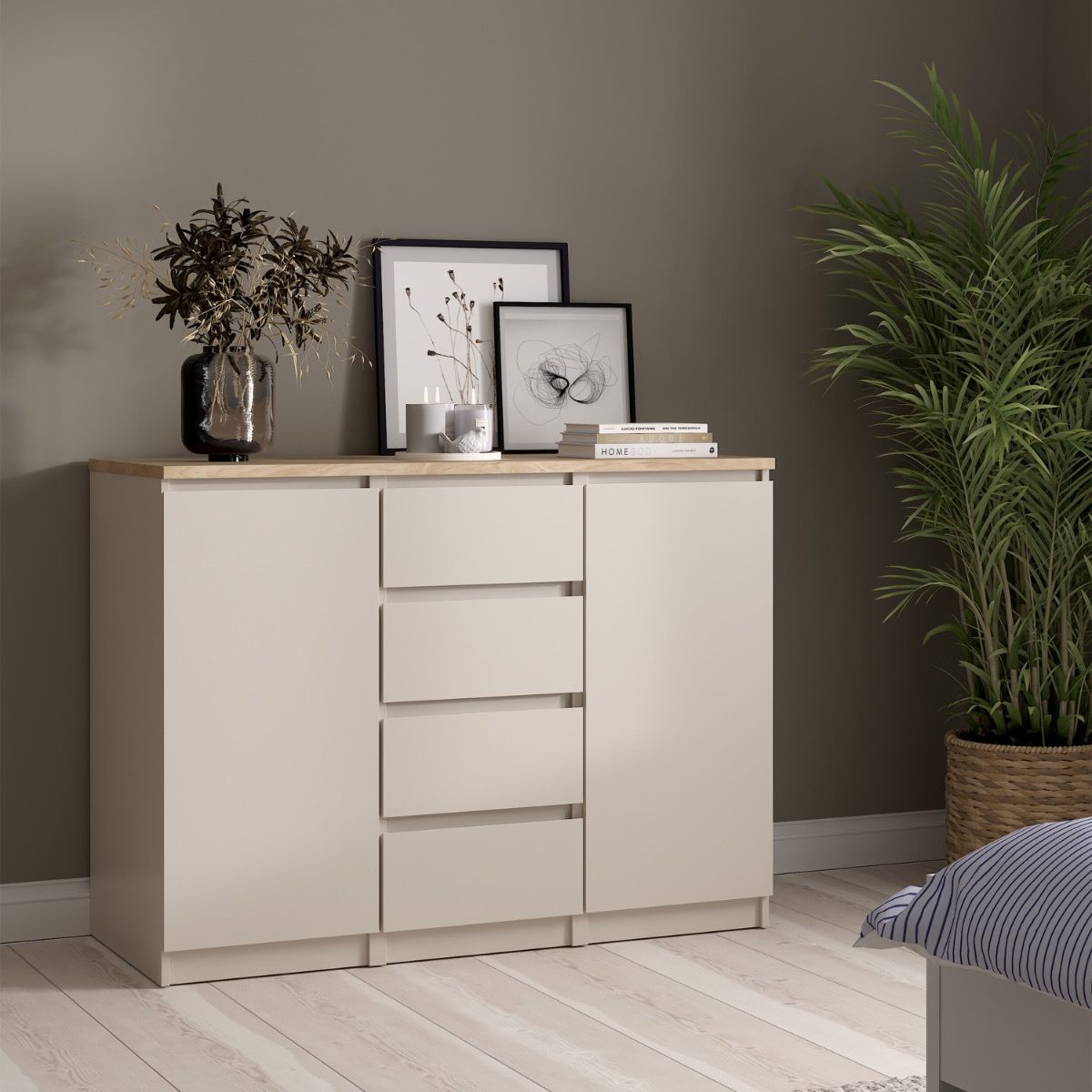 Naia Sideboard Unit - 4 Drawers 2 Doors In Cashmere and Jackson Hickory Oak - Price Crash Furniture