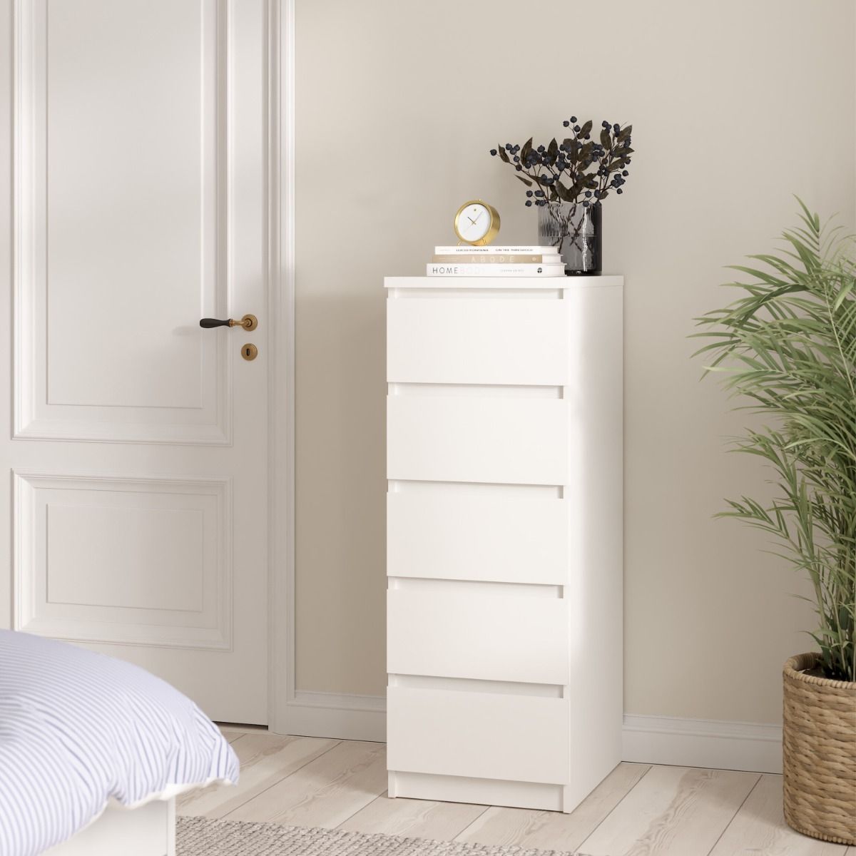 Naia Tallboy Tall Narrow 5 Drawer Chest Of Drawers In White - Price Crash Furniture