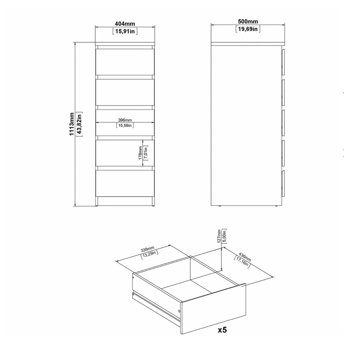 Naia Tallboy Tall Narrow 5 Drawer Chest Of Drawers In White - Price Crash Furniture