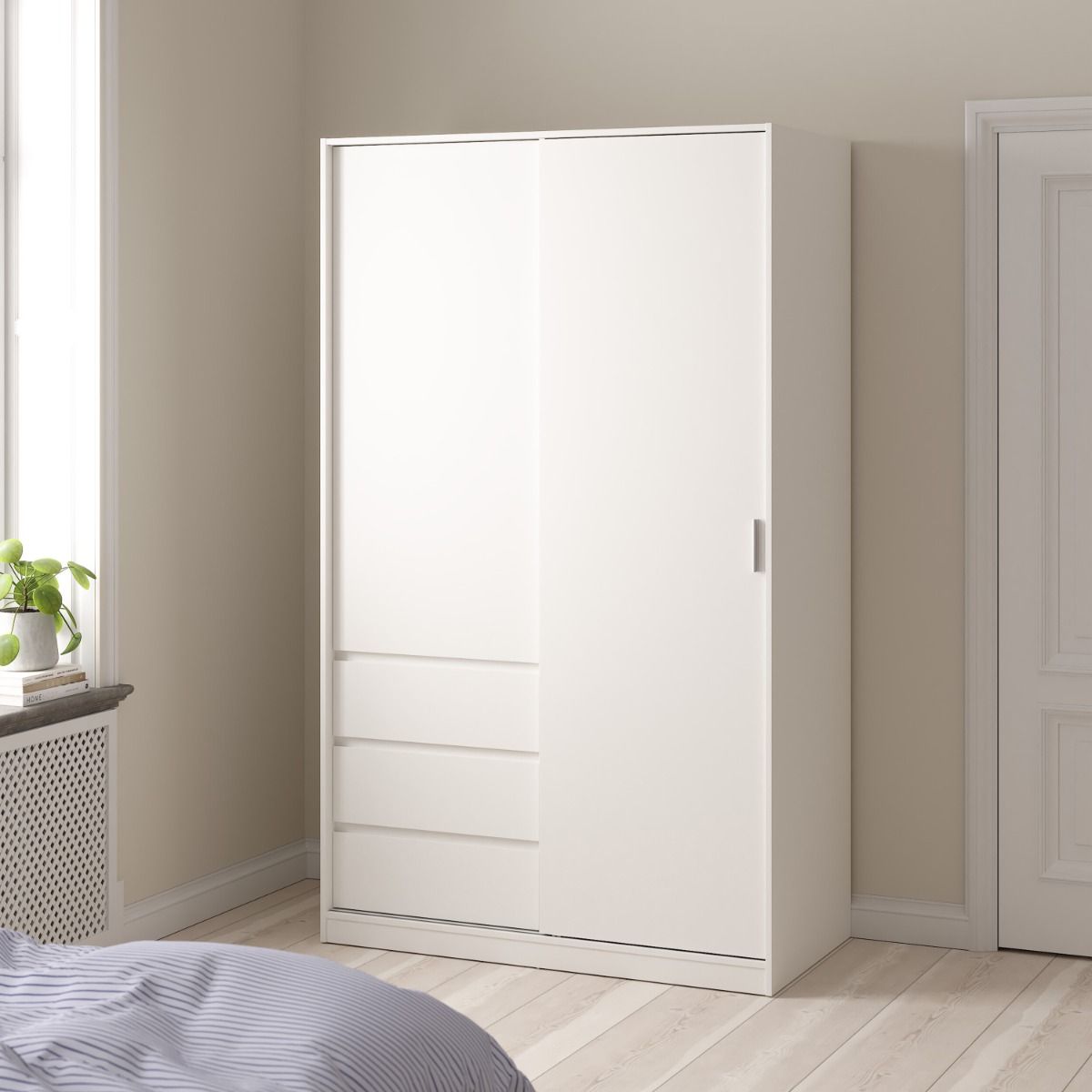 Naia Wardrobe With 1 Sliding Door - 1 Door - 3 Drawers In White - Price Crash Furniture