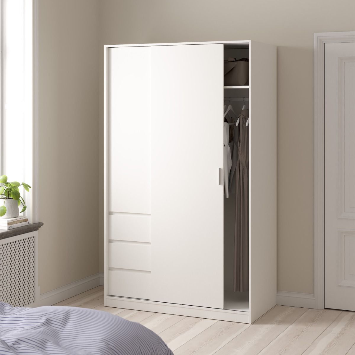Naia Wardrobe With 1 Sliding Door - 1 Door - 3 Drawers In White - Price Crash Furniture