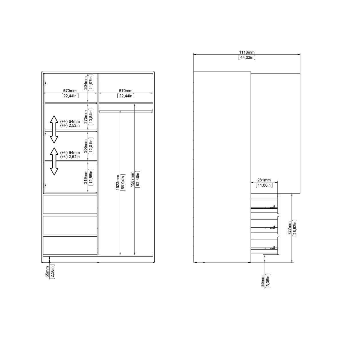 Naia Wardrobe With 1 Sliding Door - 1 Door - 3 Drawers In White - Price Crash Furniture