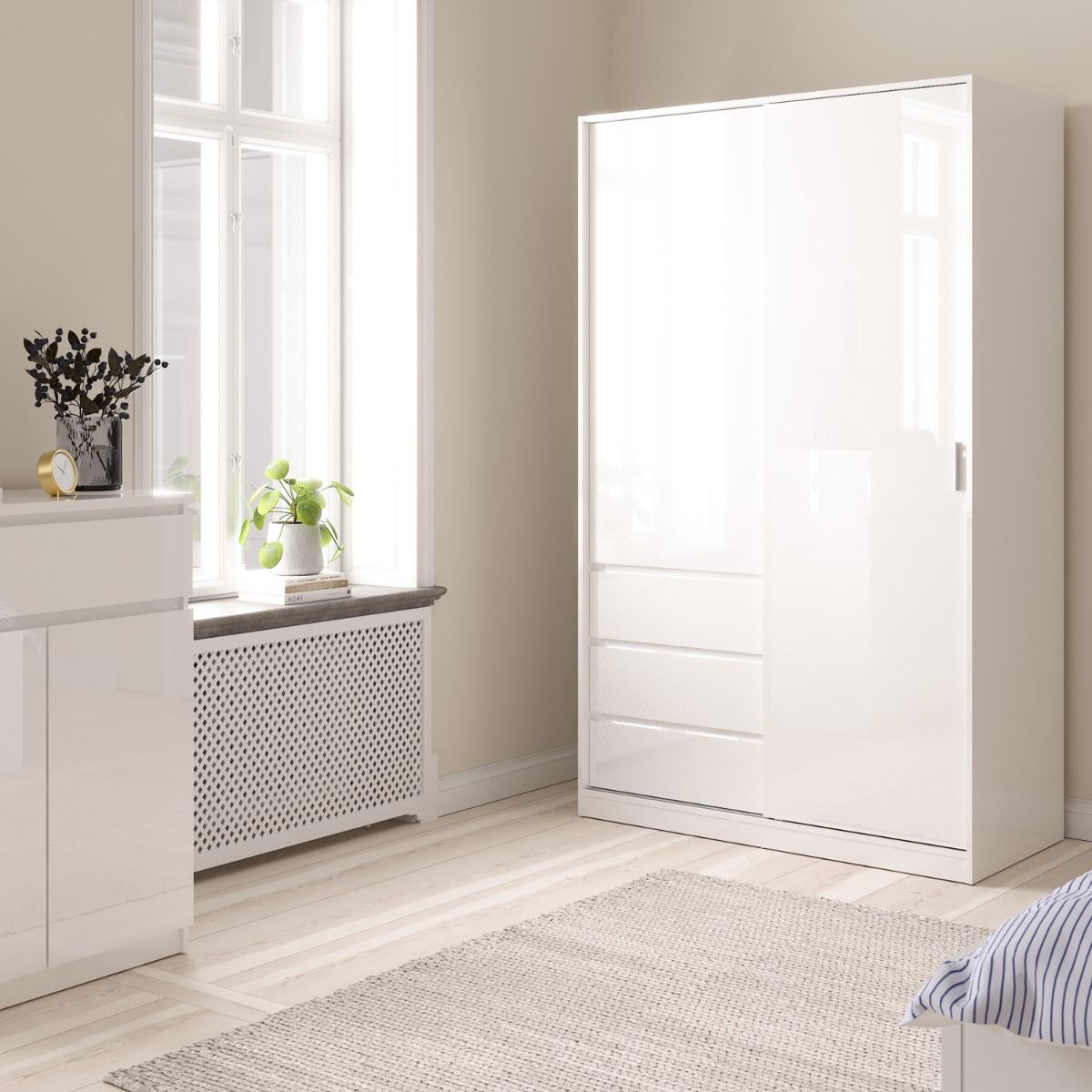 Naia Wardrobe With 1 Sliding Door - 1 Door - 3 Drawers In White - Price Crash Furniture