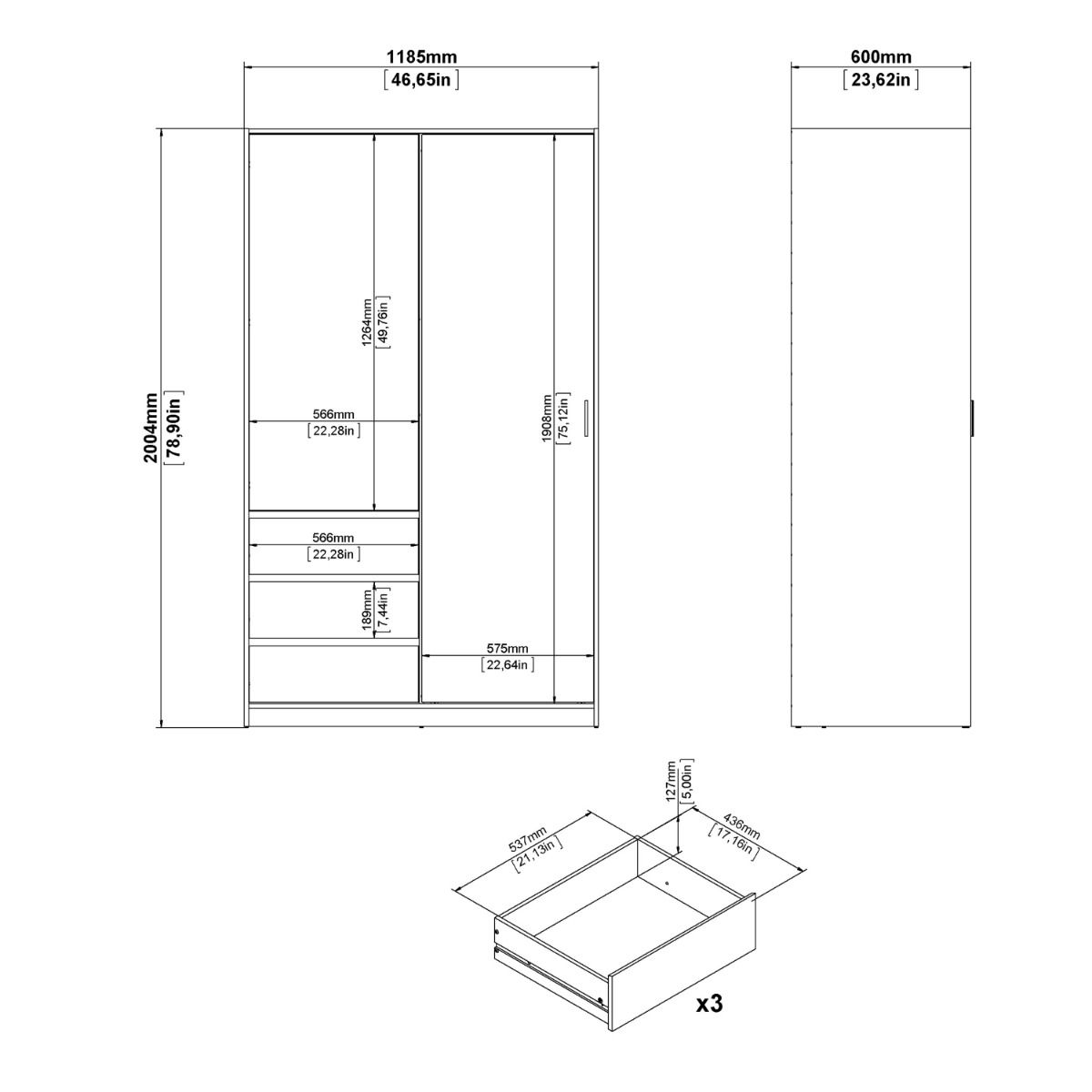 Naia Wardrobe With 1 Sliding Door - 1 Door - 3 Drawers In White - Price Crash Furniture