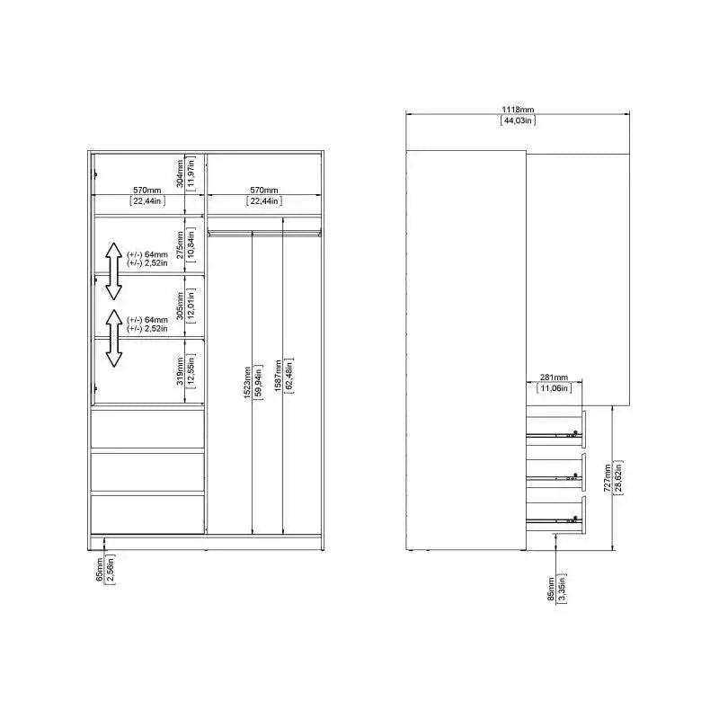 Naia Wardrobe with 1 Sliding door + 1 door + 3 drawers in White High Gloss - Price Crash Furniture