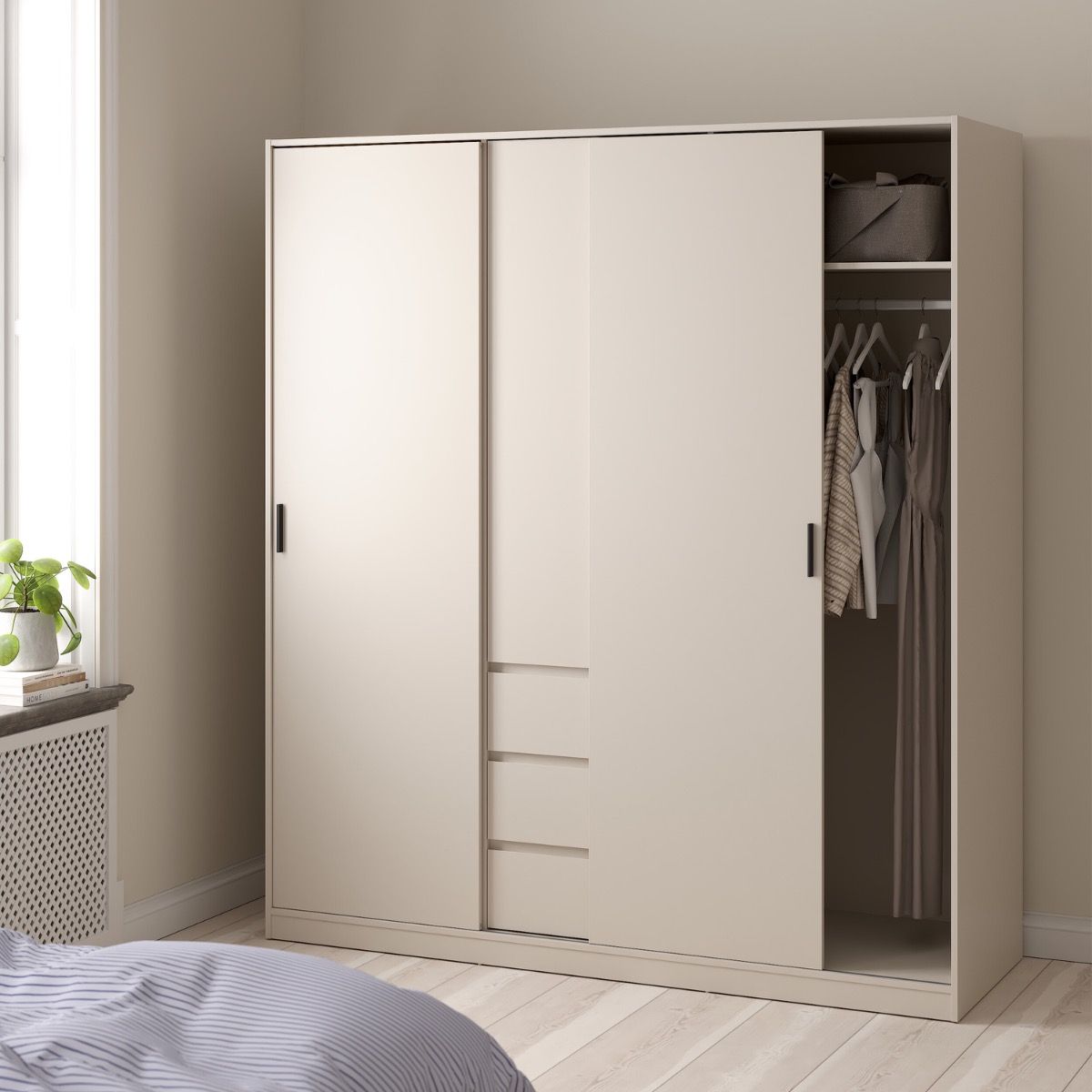 Naia Wardrobe With 2 Sliding Doors 1 Door 3 Drawers In Cashmere - Price Crash Furniture