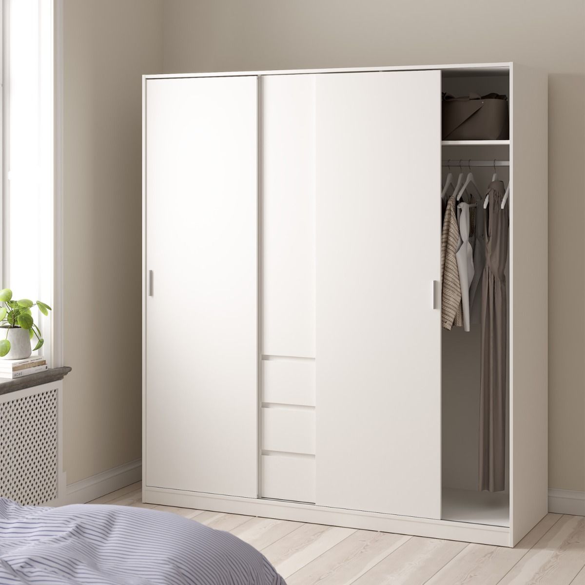 Naia Wardrobe With 2 Sliding Doors + 1 Door + 3 Drawers In White - Price Crash Furniture
