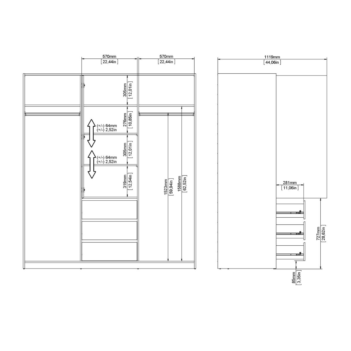 Naia Wardrobe With 2 Sliding Doors + 1 Door + 3 Drawers In White - Price Crash Furniture