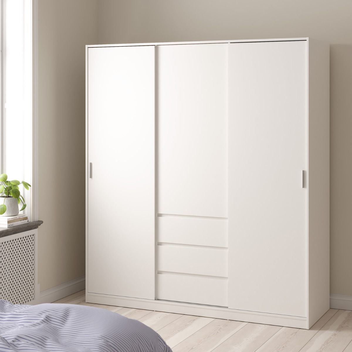 Naia Wardrobe With 2 Sliding Doors + 1 Door + 3 Drawers In White - Price Crash Furniture