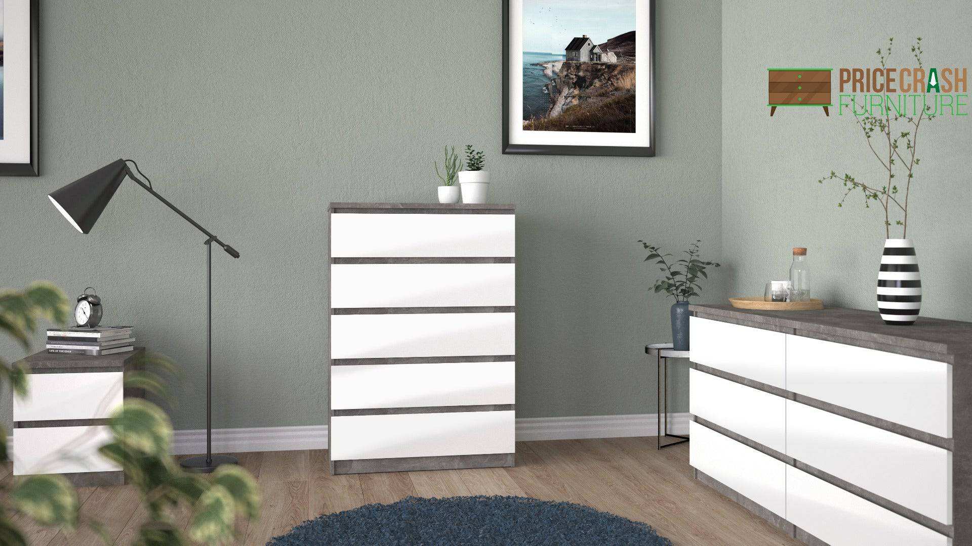 Naia Wide Chest Of 6 Drawers (3+3) in Concrete Grey and White High Gloss - Price Crash Furniture