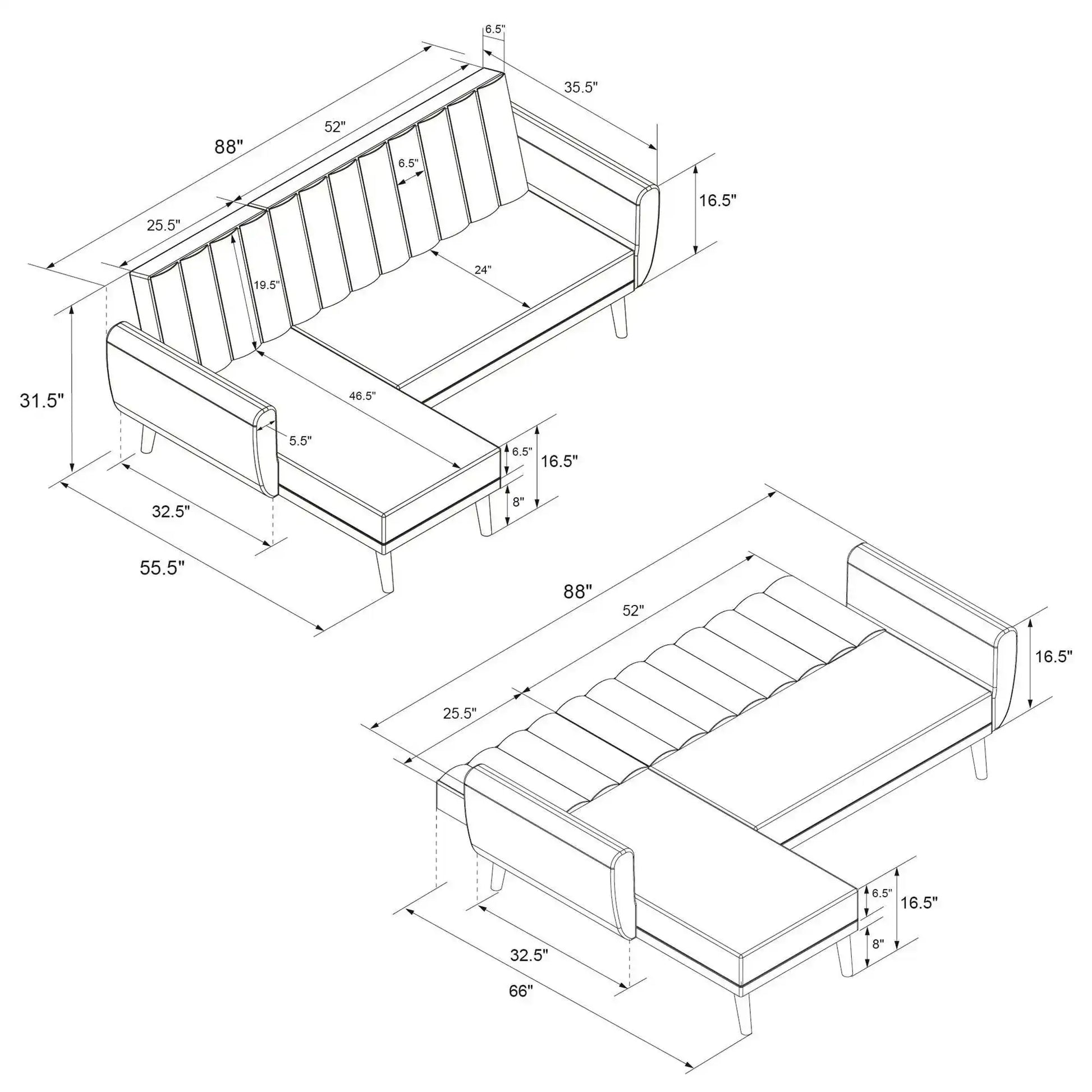 NOVOGRATZ Brittany Sectional Futon Sofa Linen Navy Blue - Price Crash Furniture