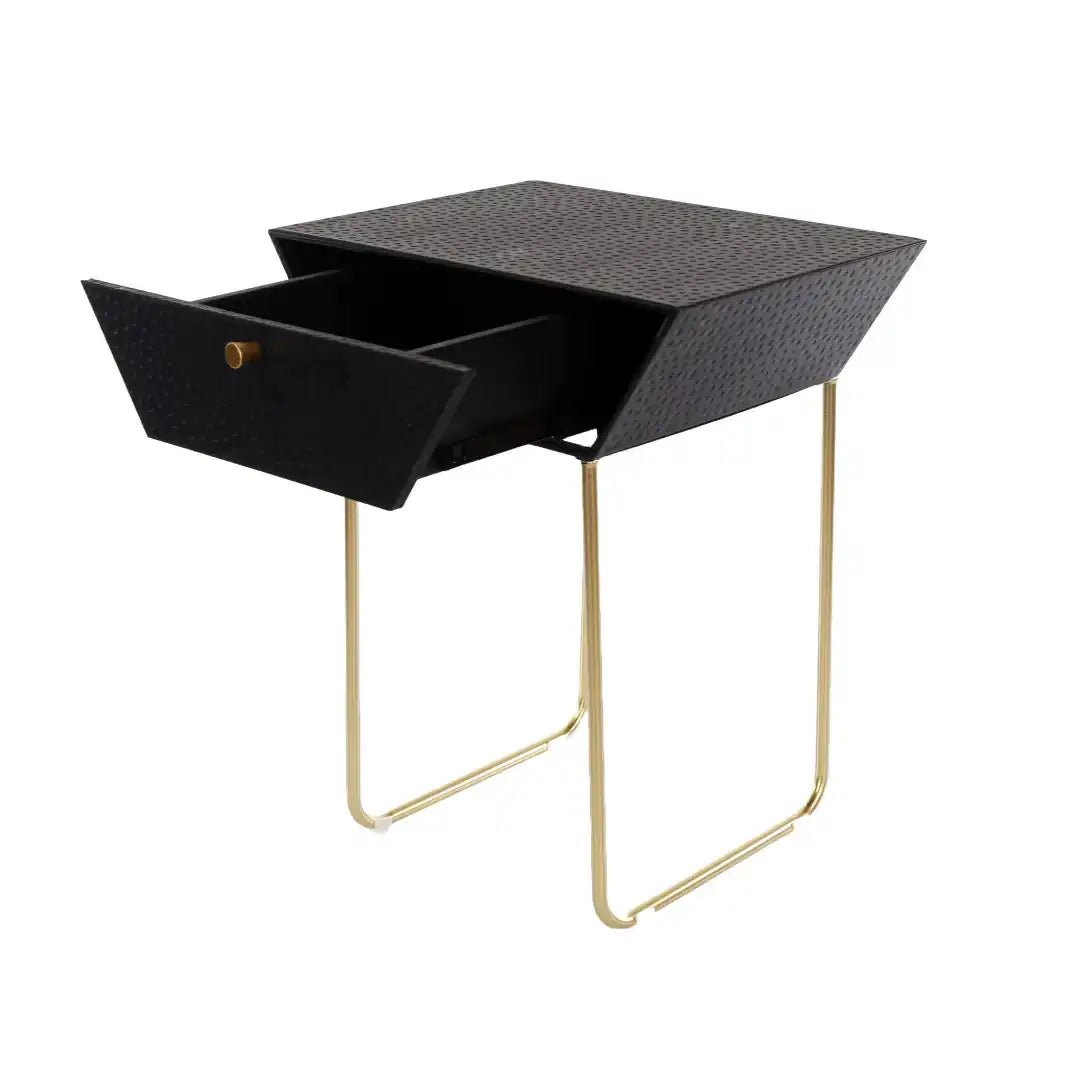 Options Apollo 1 drawer bedside cabinet, black body with black drawer, gold handle and gold legs - Price Crash Furniture