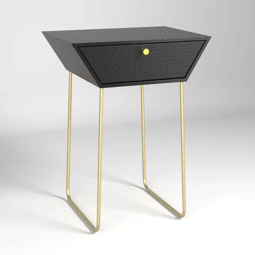 Options Apollo 1 drawer bedside cabinet, black body with black drawer, gold handle and gold legs - Price Crash Furniture