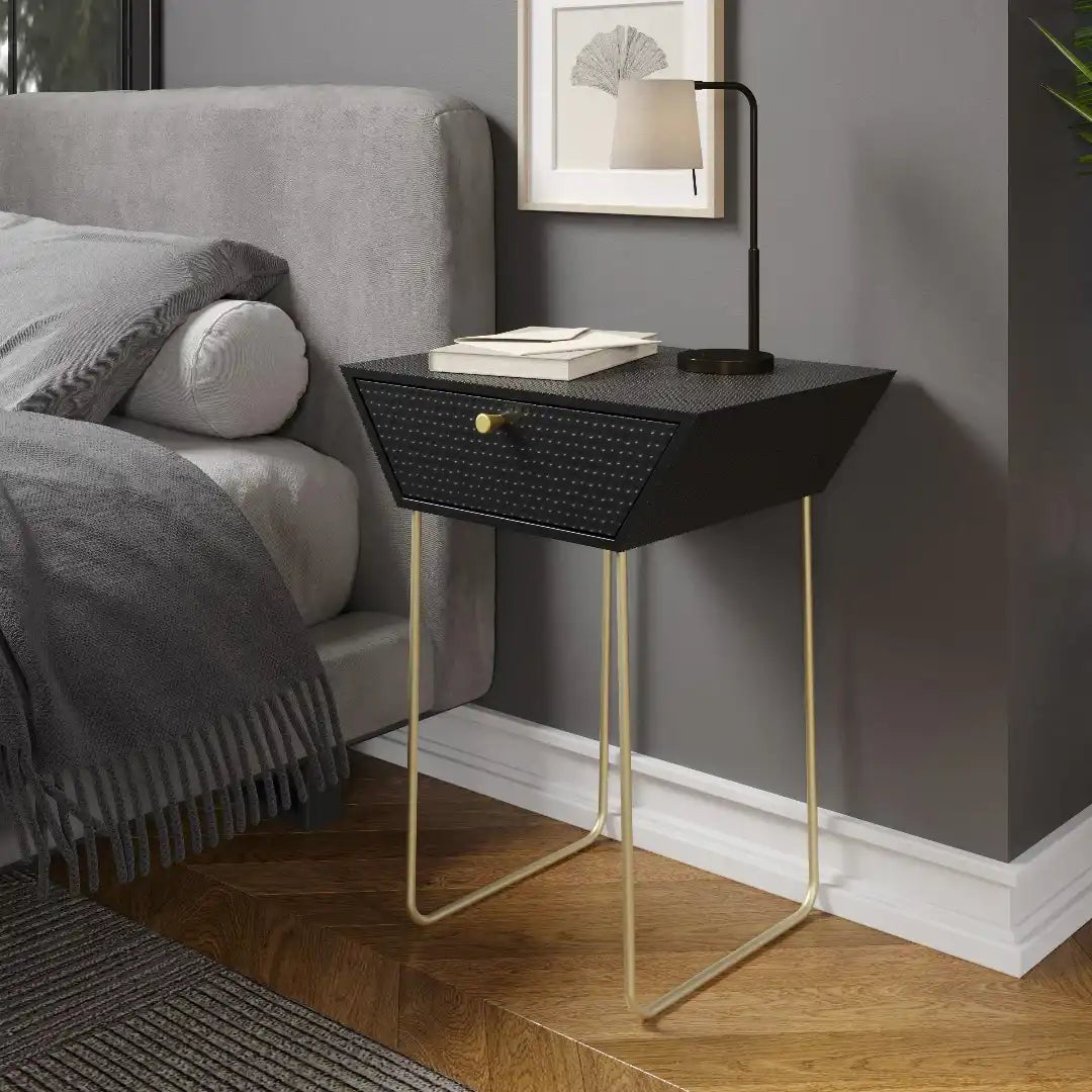 Options Apollo 1 drawer bedside cabinet, black body with black drawer, gold handle and gold legs - Price Crash Furniture