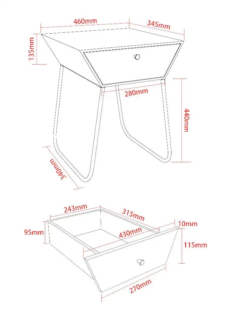 Options Apollo 1 drawer bedside cabinet, black body with black drawer, gold handle and gold legs - Price Crash Furniture