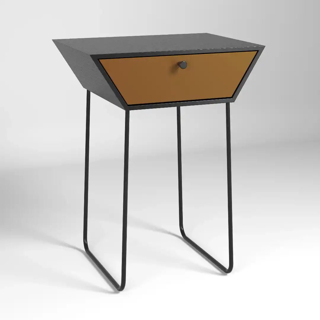 Options Apollo 1 drawer bedside cabinet, black body with copper drawer, black handle and gold legs - Price Crash Furniture