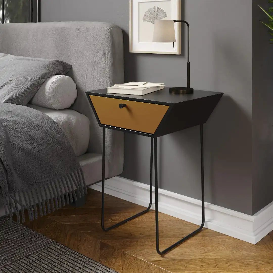 Options Apollo 1 drawer bedside cabinet, black body with copper drawer, black handle and gold legs - Price Crash Furniture
