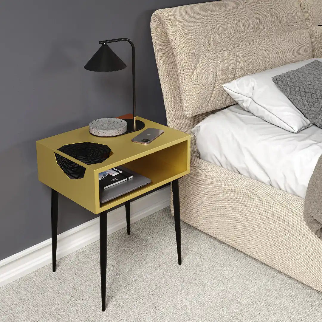 Options Galaxy 1 drawer bedside cabinet, gold body, black insert and black legs - Price Crash Furniture