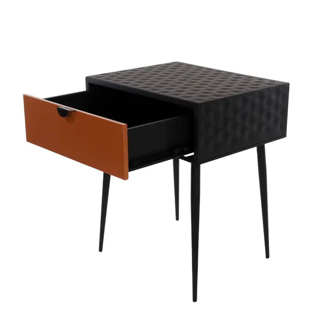 Options Jupiter metal 1 drawer bedside cabinet, black body with copper drawer, black handle and Black legs - Price Crash Furniture