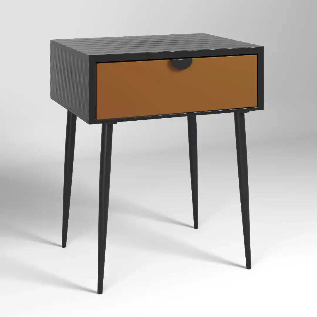Options Jupiter metal 1 drawer bedside cabinet, black body with copper drawer, black handle and Black legs - Price Crash Furniture