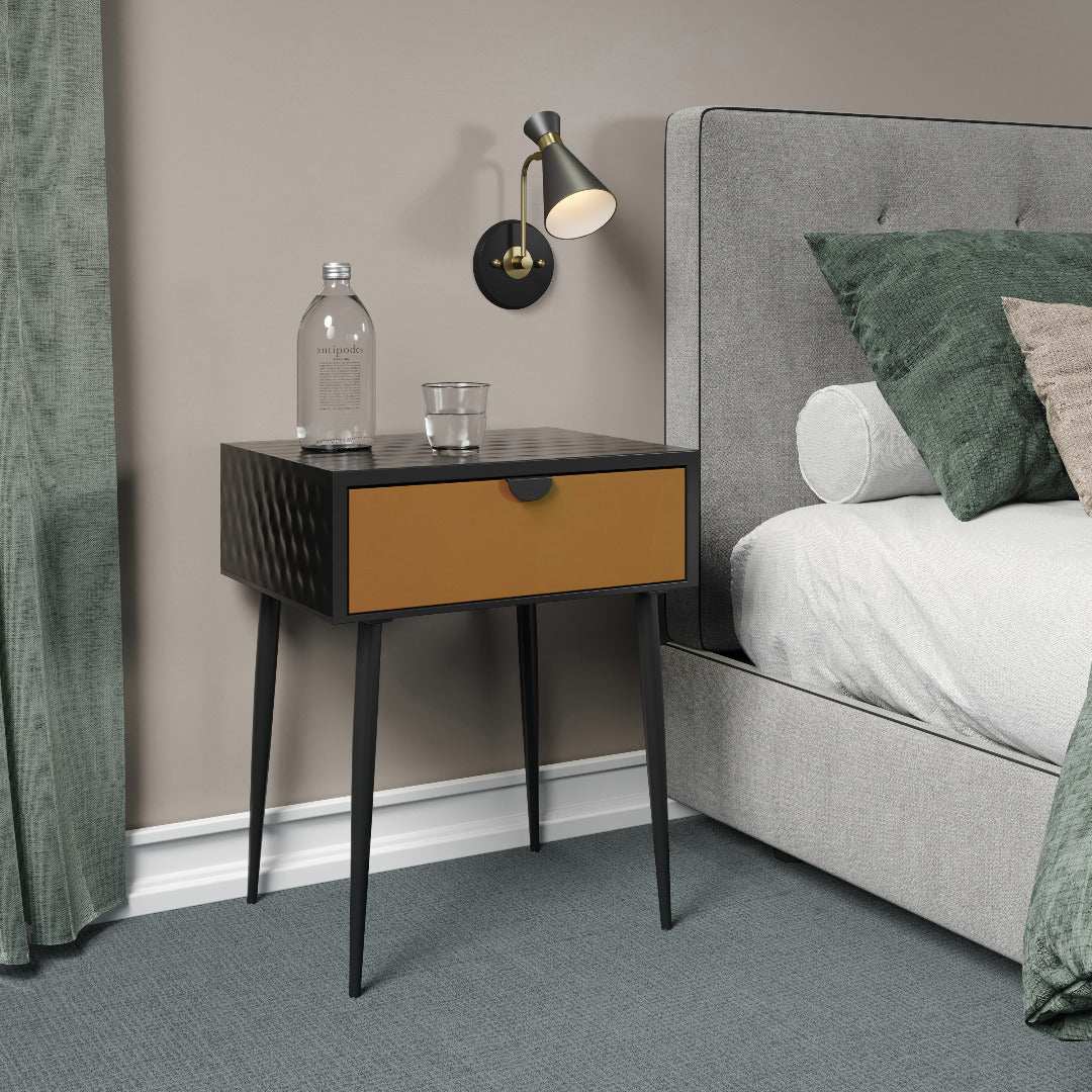 Options Jupiter metal 1 drawer bedside cabinet, black body with copper drawer, black handle and Black legs - Price Crash Furniture