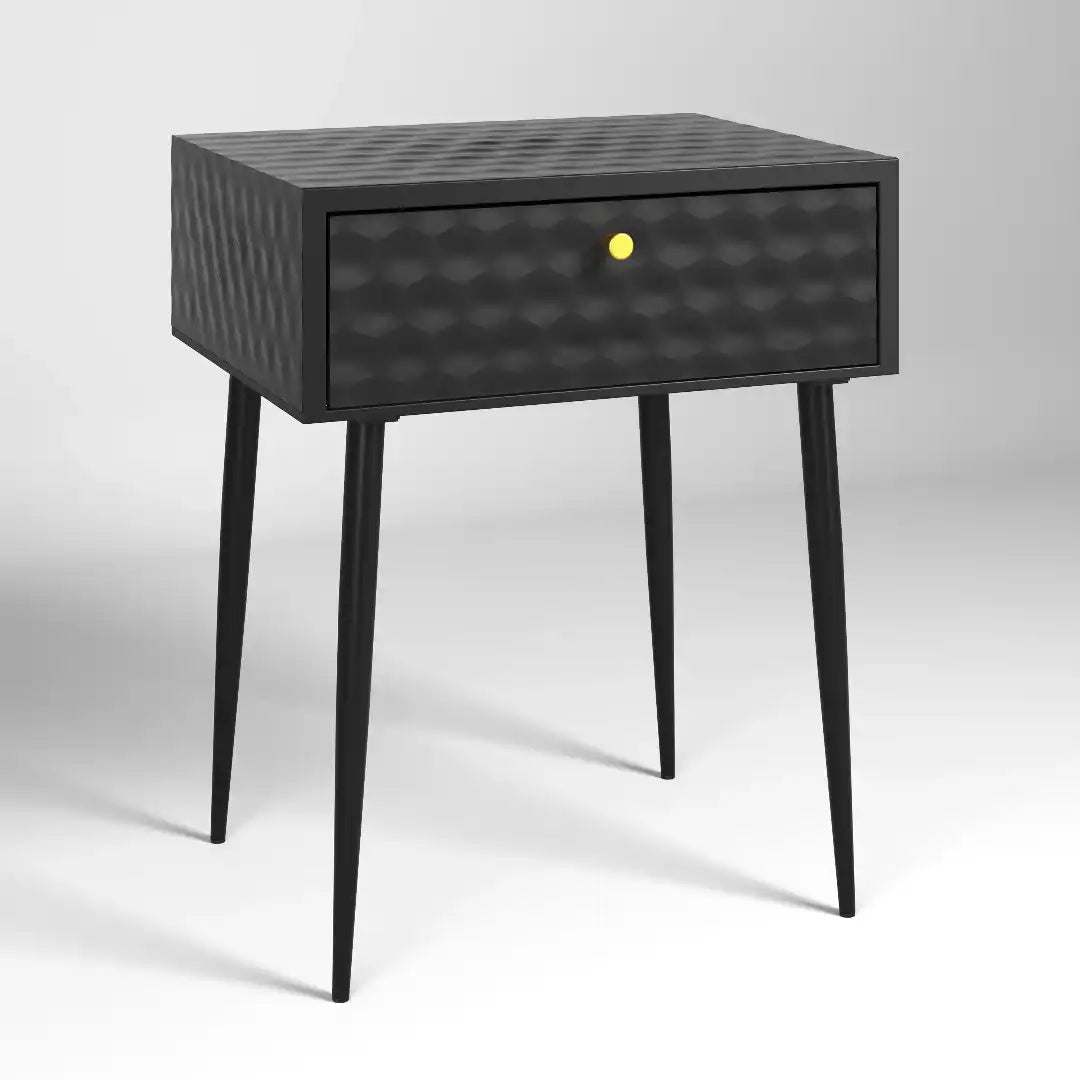 Options Saturn 1 drawer bedside cabinet, black body with black drawer, gold handle and Black legs - Price Crash Furniture
