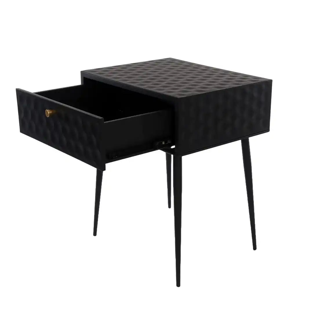 Options Saturn 1 drawer bedside cabinet, black body with black drawer, gold handle and Black legs - Price Crash Furniture