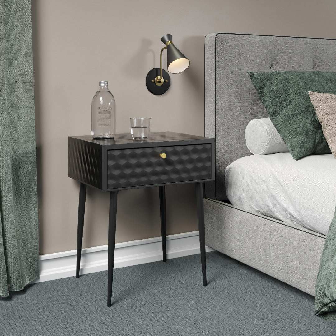 Options Saturn 1 drawer bedside cabinet, black body with black drawer, gold handle and Black legs - Price Crash Furniture