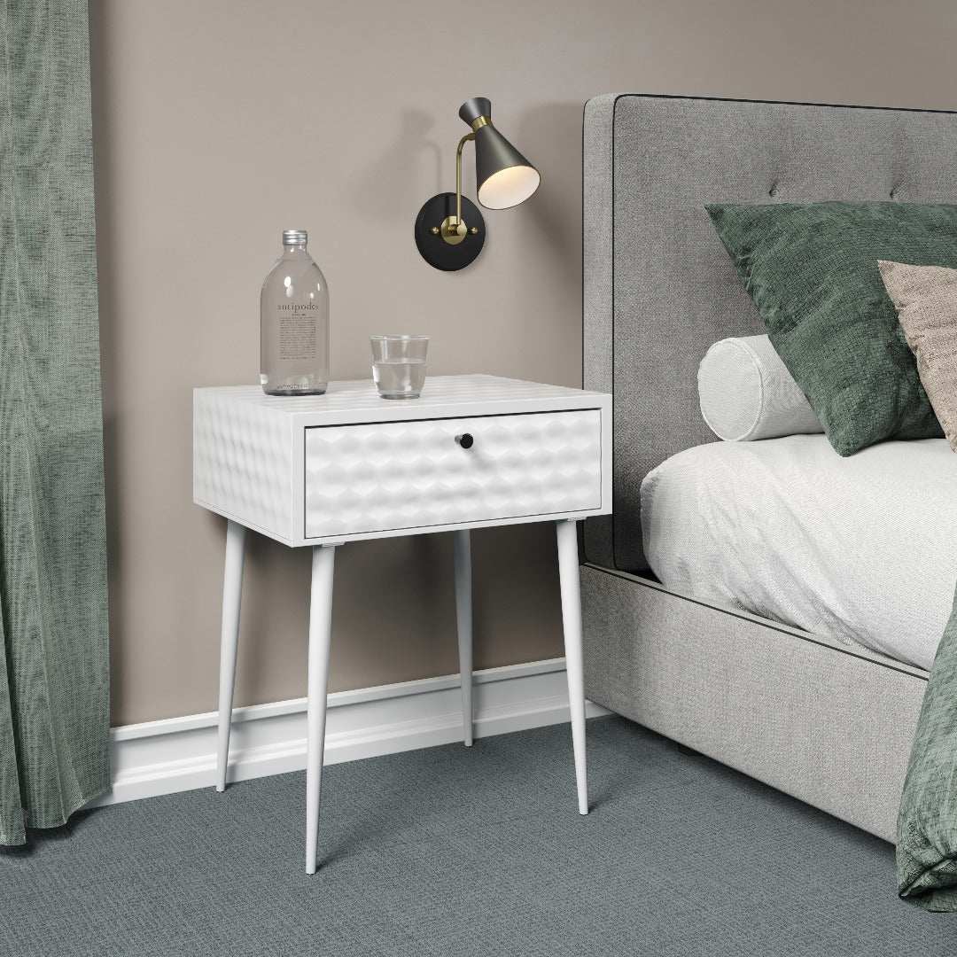 Options Saturn 1 drawer bedside cabinet, white body with White drawer, gold handle and Black legs - Price Crash Furniture