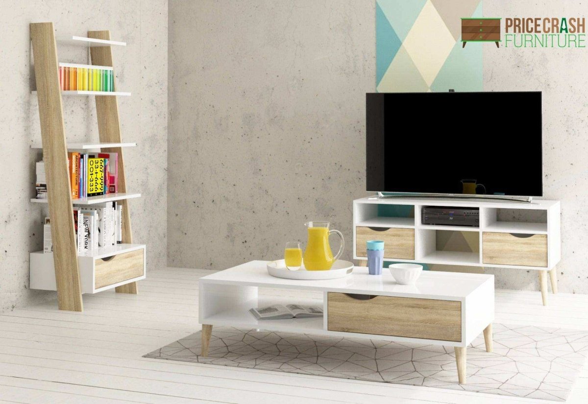 Oslo Leaning Ladder Bookcase 1 Drawer in White and Oak - Price Crash Furniture