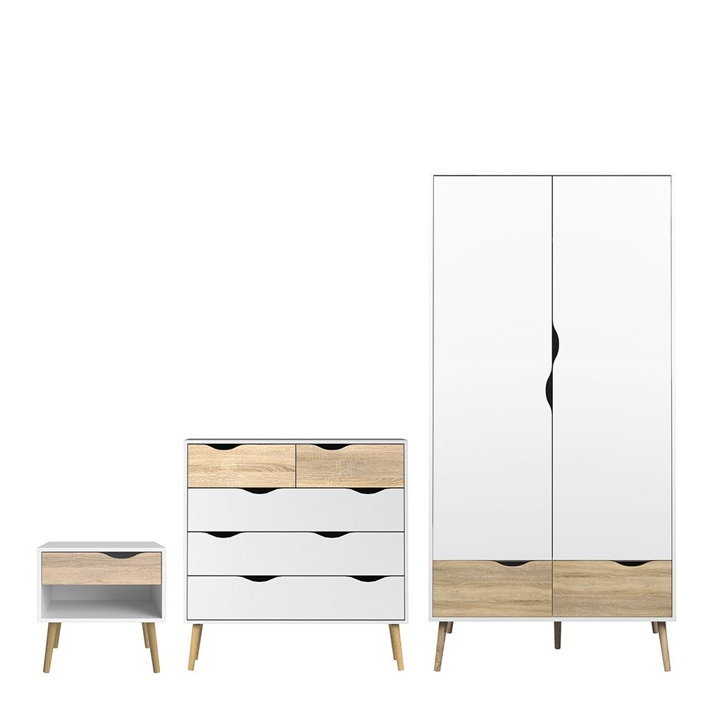 Oslo Package - Bedside 1 Drawer + Chest Of 5 Drawers (2+3) + Wardrobe 2 Doors 2 Drawers In White And Oak - Price Crash Furniture