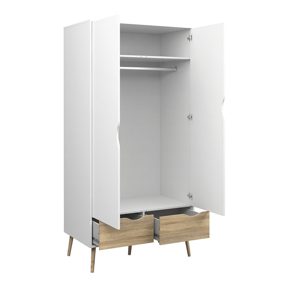 Oslo Package - Bedside 1 Drawer + Chest Of 5 Drawers (2+3) + Wardrobe 2 Doors 2 Drawers In White And Oak - Price Crash Furniture