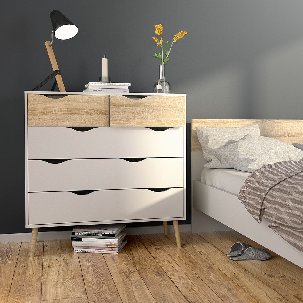 Oslo Package - Bedside 1 Drawer + Chest Of 5 Drawers (2+3) + Wardrobe 2 Doors 2 Drawers In White And Oak - Price Crash Furniture