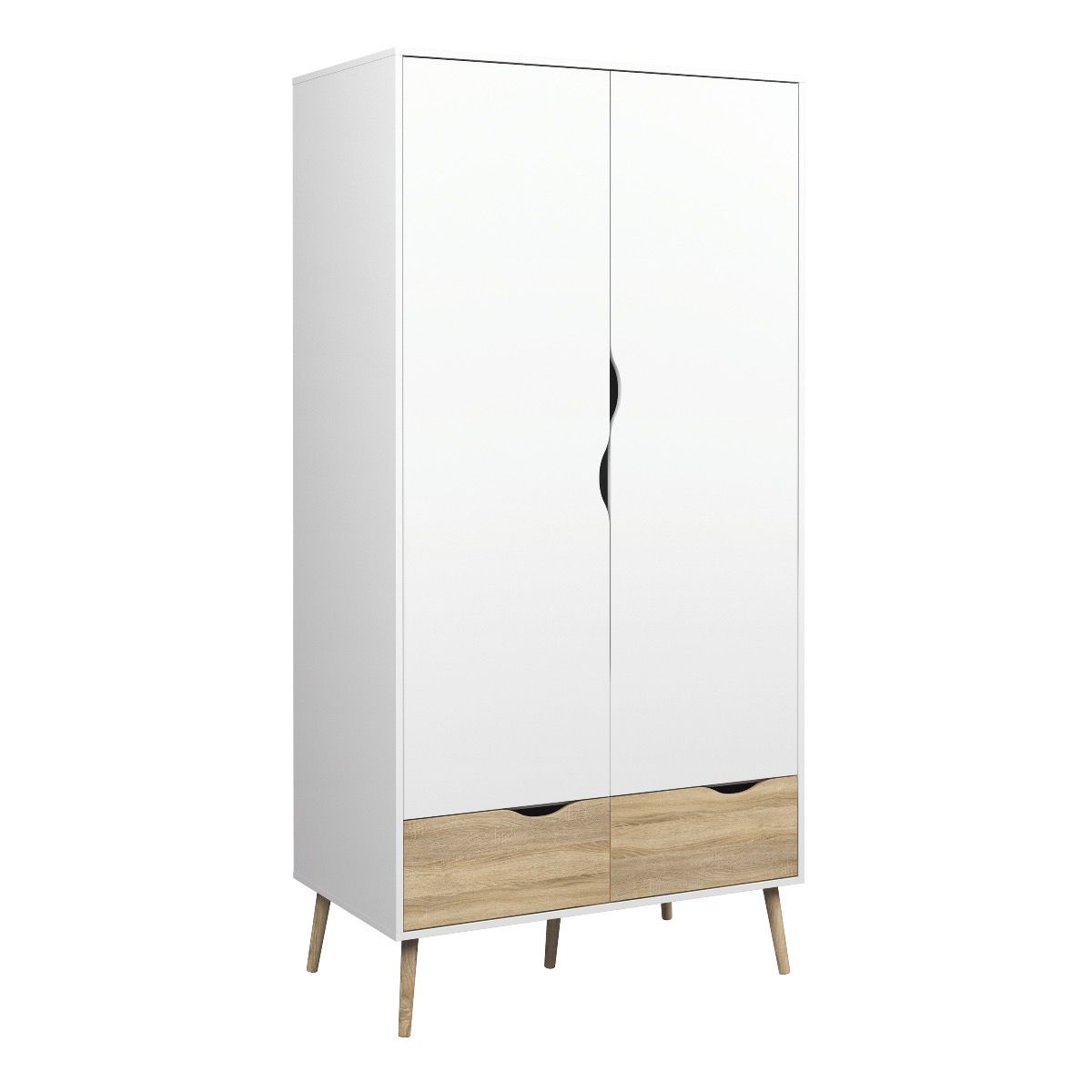 Oslo Package - Bedside 1 Drawer + Chest Of 5 Drawers (2+3) + Wardrobe 2 Doors 2 Drawers In White And Oak - Price Crash Furniture