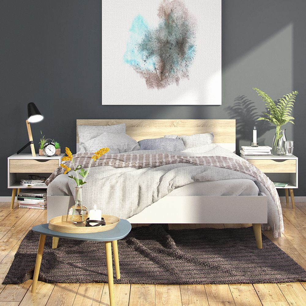 Oslo Package - Bedside 1 Drawer + Chest Of 5 Drawers (2+3) + Wardrobe 2 Doors 2 Drawers In White And Oak - Price Crash Furniture
